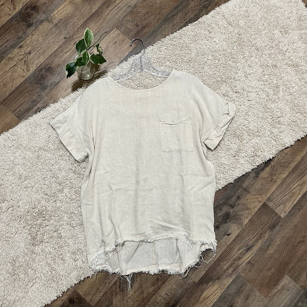 Umgee Size Small Oversized Beige Fringe High Low Hem Linen Blend Top